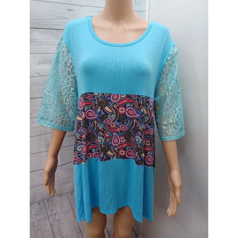 Desheng Top Womens Boho Blue Pink Paisley Short Sleeve Sharkbite Lace One Size